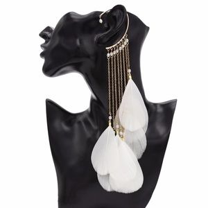 Long White Feathers Beaded Tassel Gold Ear Cuff